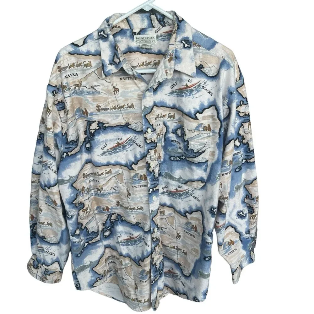 Banana Republic Safari Travel Shirt‎ Mens Large Button Up Flannel Travel AOP 90s